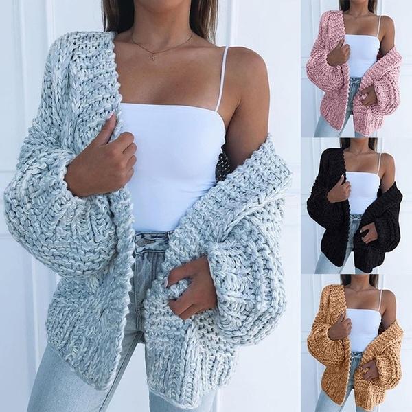 Women Fashion Cable Knit Cardigan Solid Color Casual Sweater Winter Warm Front Open Coat Outerwear - Crazy Ass Deal