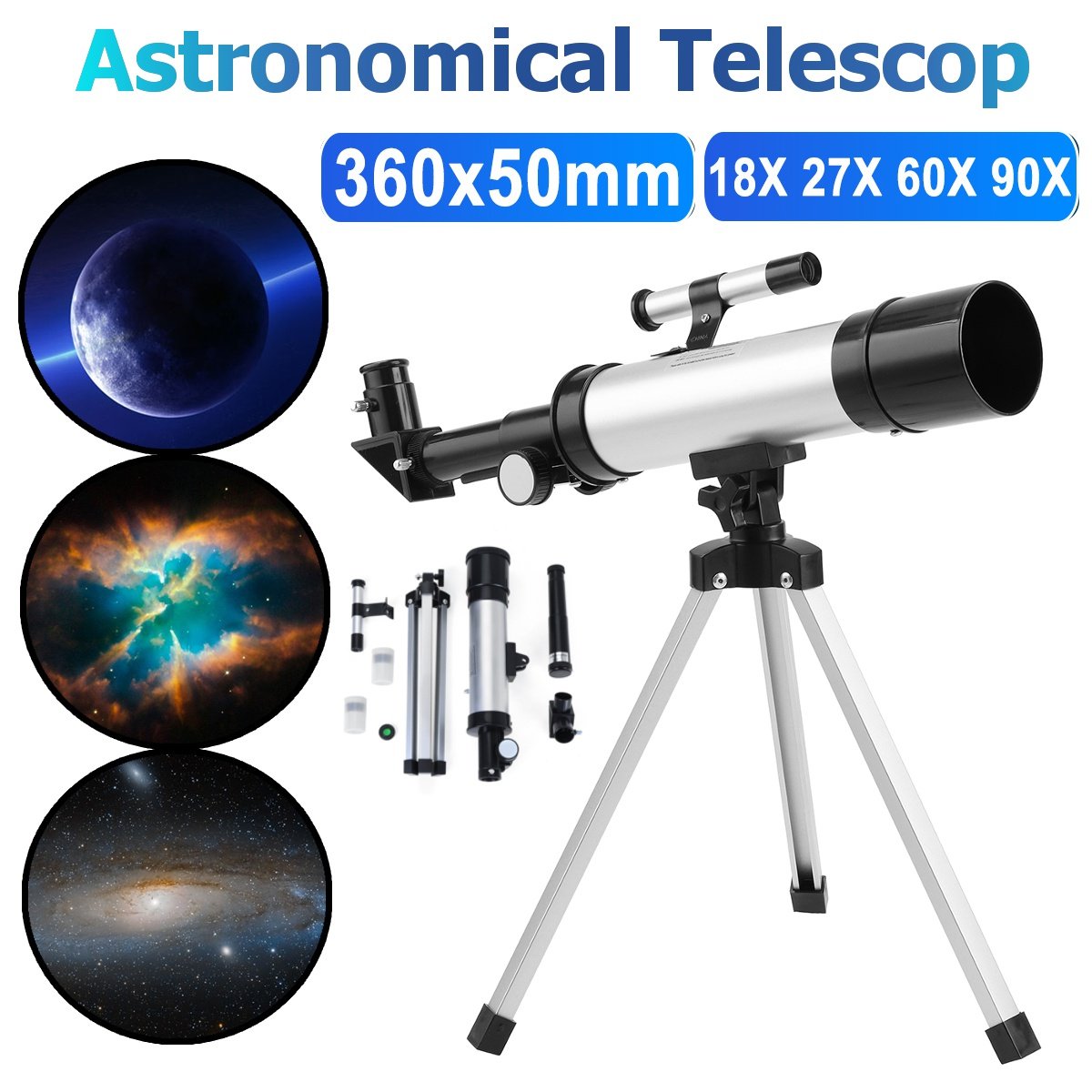 90X Refractor Telescope Adjustable Tripod Compact Travel Astronomy 360x50mm UK 