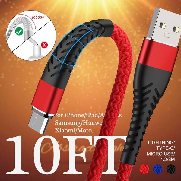1/2/3M 10FT USB Type-C High Tensile Durable Braided USB Cables Fast Charging Data Transmission Micro Usb Type-C for iPhone iPad Android Samsung Huawei Moto Blackberry - Crazy Ass Deal