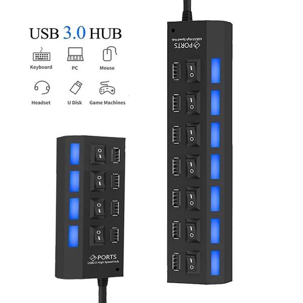 rabate 7 Ports LED USB Adapter Hub Power on/Off Switch for PC Laptop Hubs 