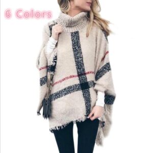 New Women New Fashion Plaid Stripe Cross Long Wraps High Collar Tassel Cloak Shawls Loose Large Size Knit Sweater - Crazy Ass Deal