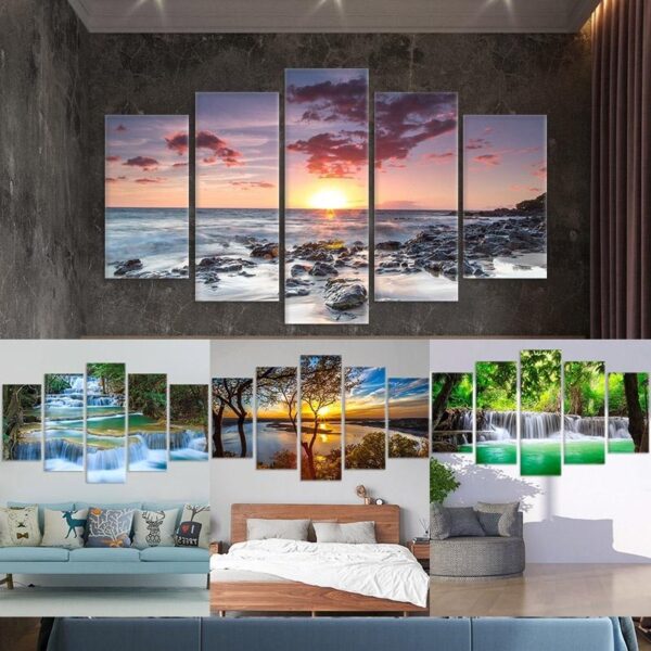 5 Panel Forest Sunset Waterfall Landscape Painting Art Wall