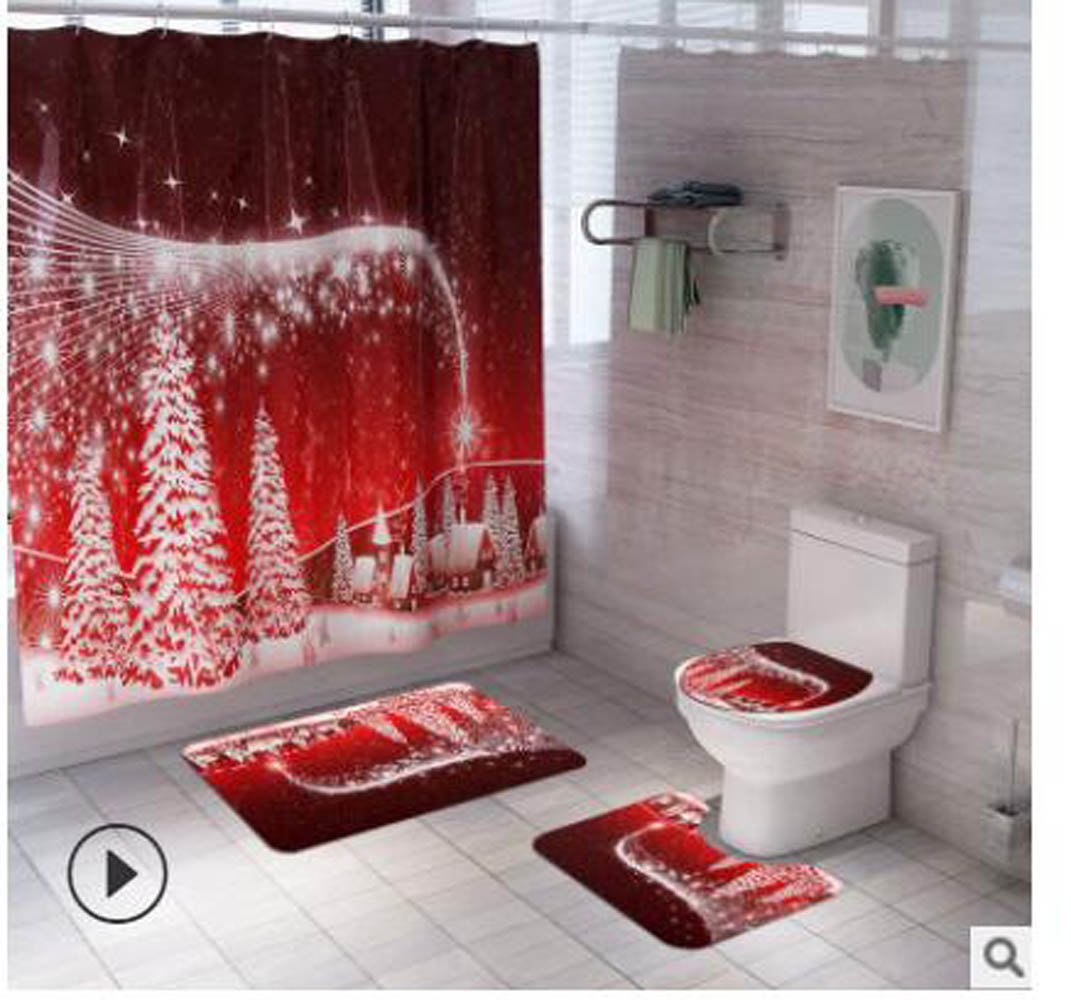 4Pcs Waterproof Bathroom Shower Curtain w/ Hook & Toilet Lid Cover/Bath Mat/Rug 