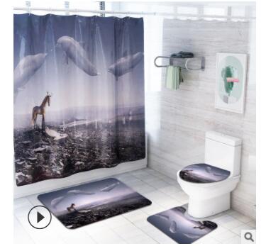 4PCS/Set Non Slip Toilet Polyester Cover Mat Set Bathroom Shower Curtain UK 