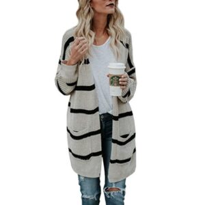 Open Front Windbreaker Coats | Women's Luxury Wool Striped Cardigan Sweater Winter Warm Front Open Coat Outerwear - Crazy Ass Deal