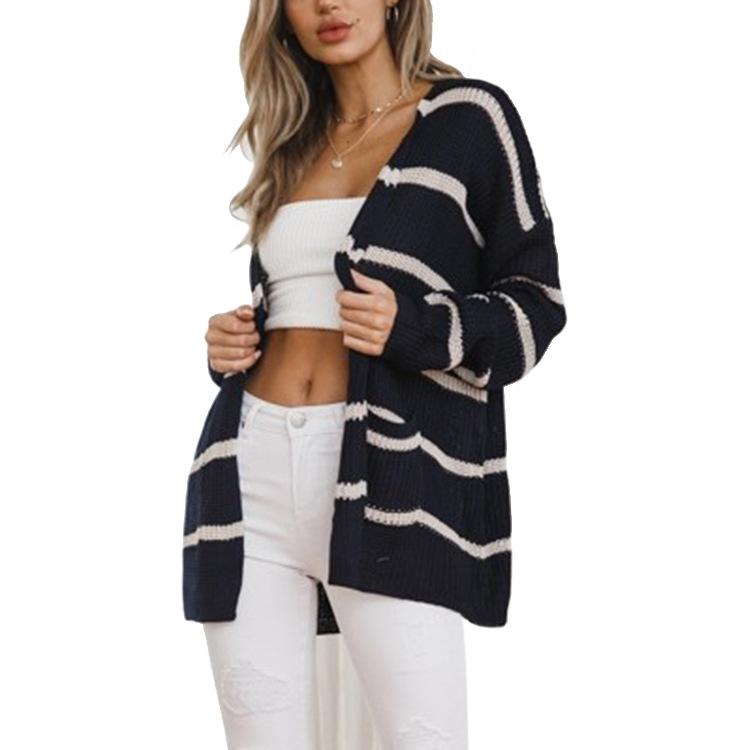 Blouse Stripe Winter Cardigan Warm Jacket Outwear Long Sleeve Knitwear Sweater