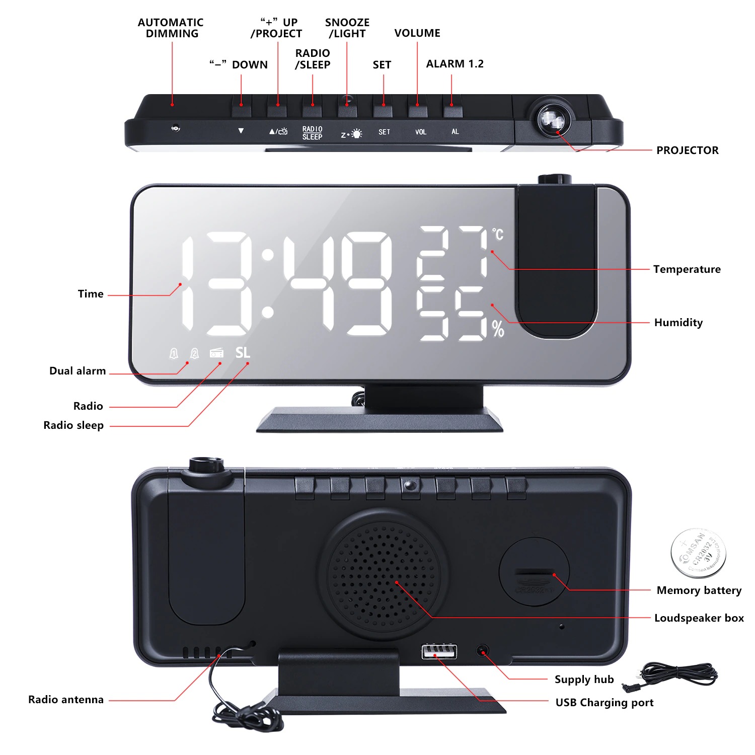 Digital LED Mirror Alarm Clock Snooze LOUD Dual Alarm Radio Projection Timer USB 